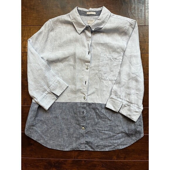 Chicos FreshChic Linen Color Block Beachy Blue 3/4 Sleeve Button Down L/12 - Picture 1 of 5
